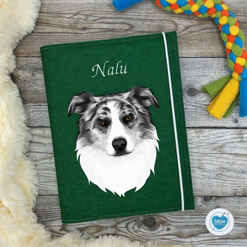 Dokumentenhülle Hund dunkelgrün Designbeispiel Border Collie blue merle